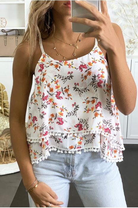 Débardeur blanc à volant avec pompon - 2