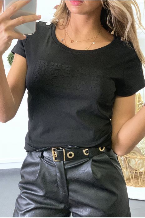 Tee shirt noir avec boutons aux épaules et écriture PEACE bombé - 2