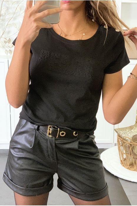 Tee shirt noir avec boutons aux épaules et écriture PEACE bombé - 3