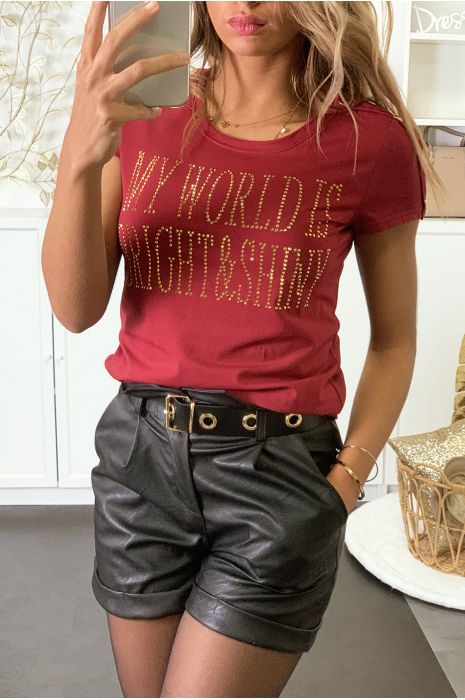 Tee-shirt bordeaux avec écriture en strass - 2