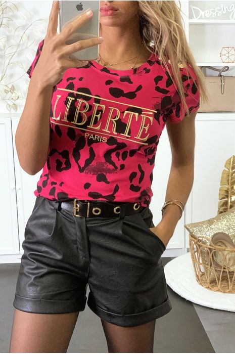 T-shirt motif léopard fuchsia avec écriture LIBERTE brodé en doré - 2