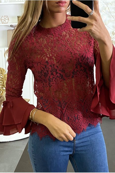 Blouse en dentelle bordeaux avec volant aux manches - 2