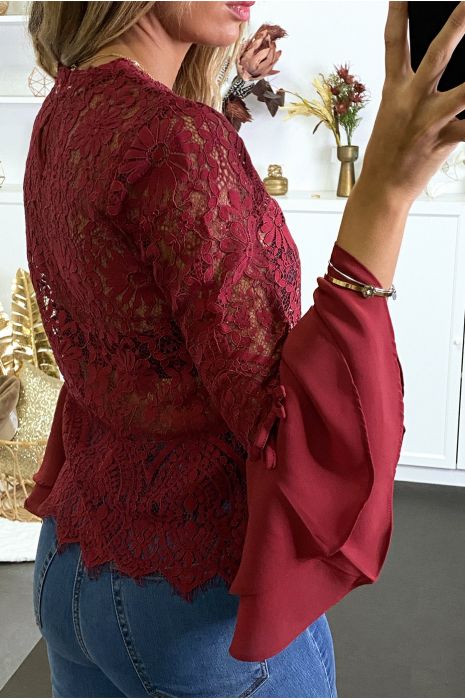 Blouse en dentelle bordeaux avec volant aux manches - 4