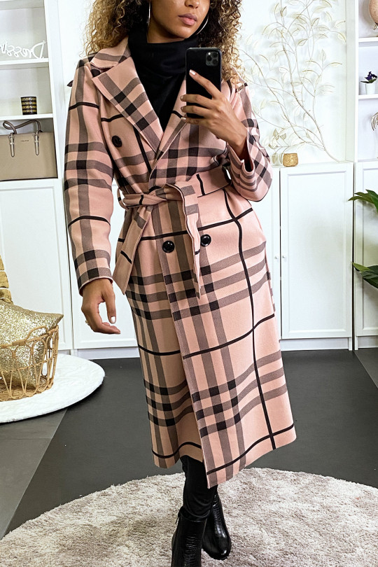 Long double-breasted pink checked jacket with belt and pockets - 1