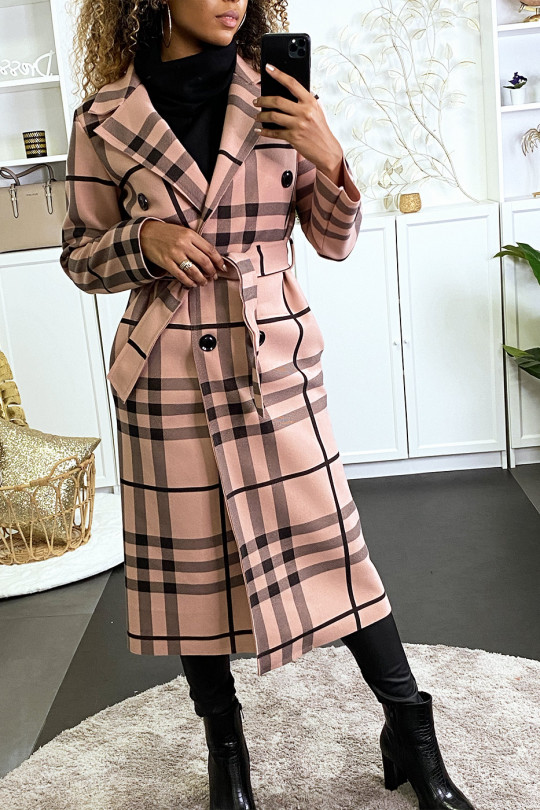 Long double-breasted pink checked jacket with belt and pockets - 2