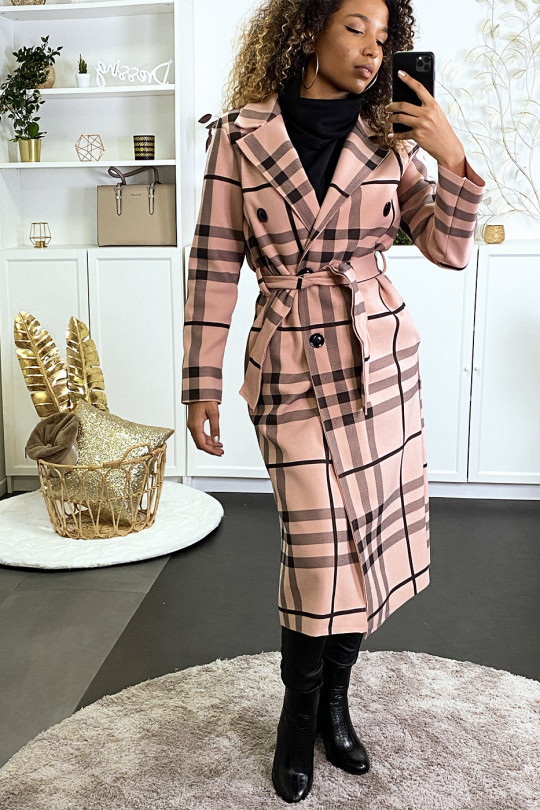 Long double-breasted pink checked jacket with belt and pockets - 3