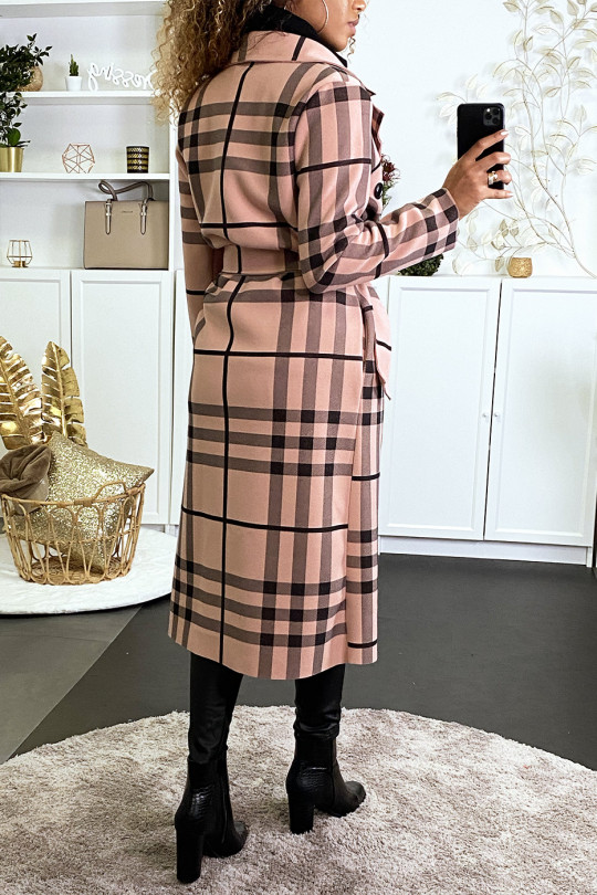 Long double-breasted pink checked jacket with belt and pockets - 5