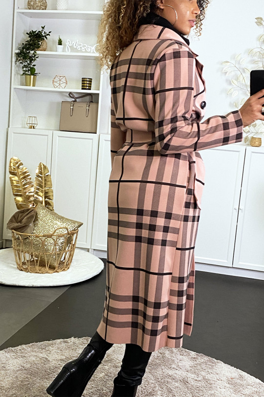 Long double-breasted pink checked jacket with belt and pockets - 6