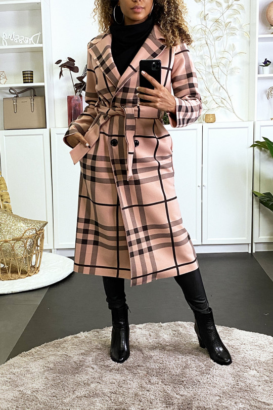 Long double-breasted pink checked jacket with belt and pockets - 8
