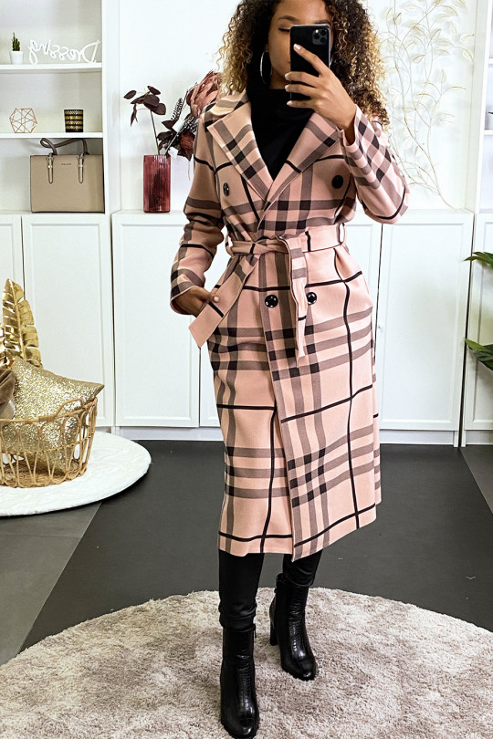 Long double-breasted pink checked jacket with belt and pockets - 9