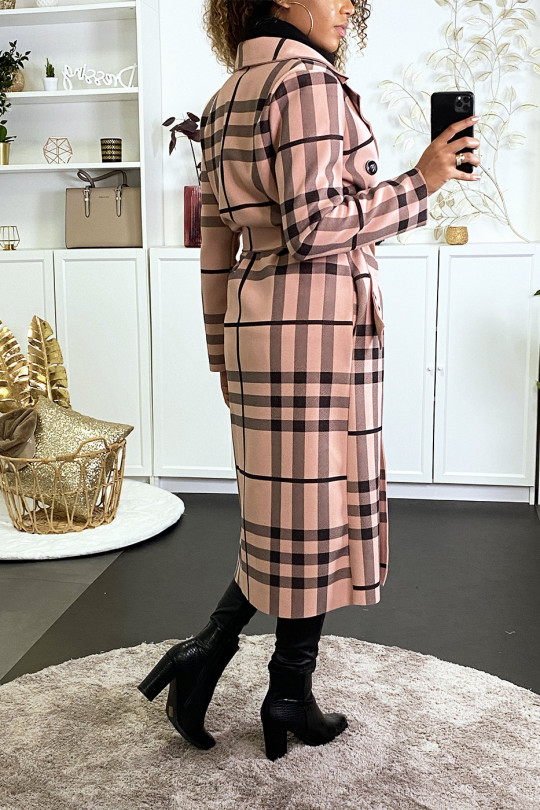 Long double-breasted pink checked jacket with belt and pockets - 10
