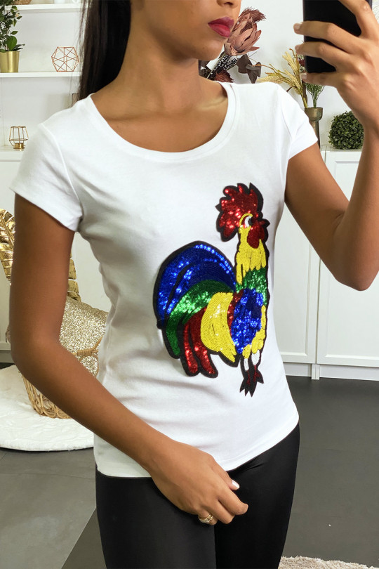 White t-shirt with rhinestone rooster motif - 1