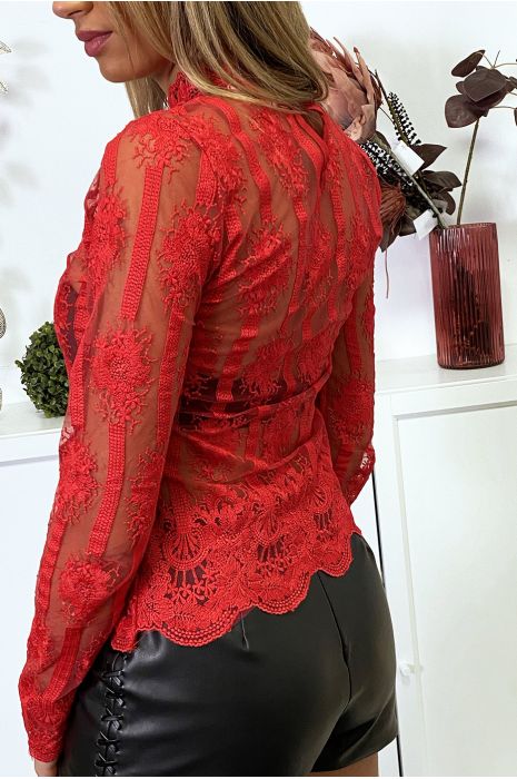 Haut rouge transparent avec joli motif brodé et dentelle - 4