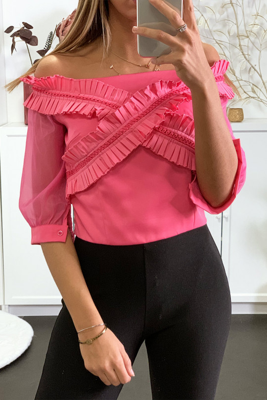Fuchsia boat neck blouse with pleated band and tulle sleeve - 1