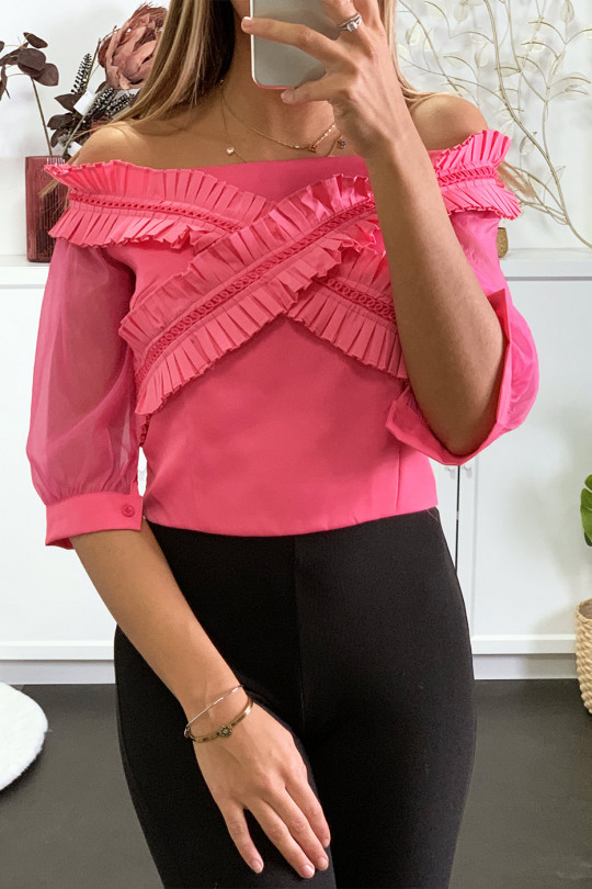 Fuchsia boat neck blouse with pleated band and tulle sleeve - 3
