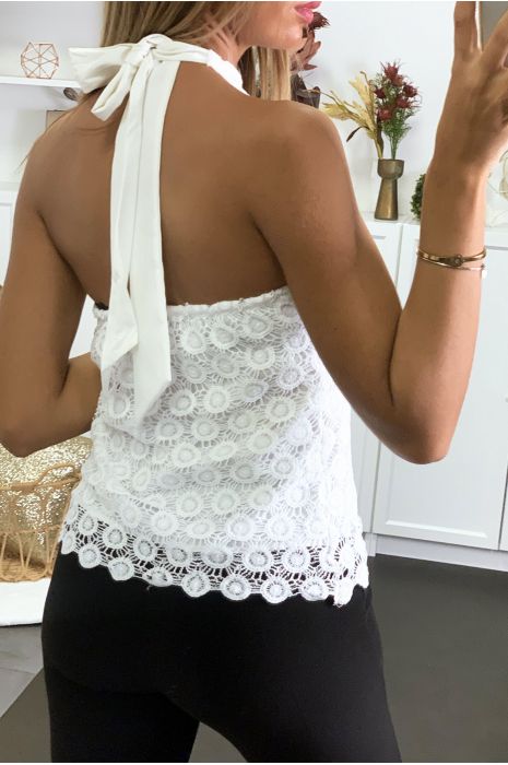 White lined lace top with collar tie - 4