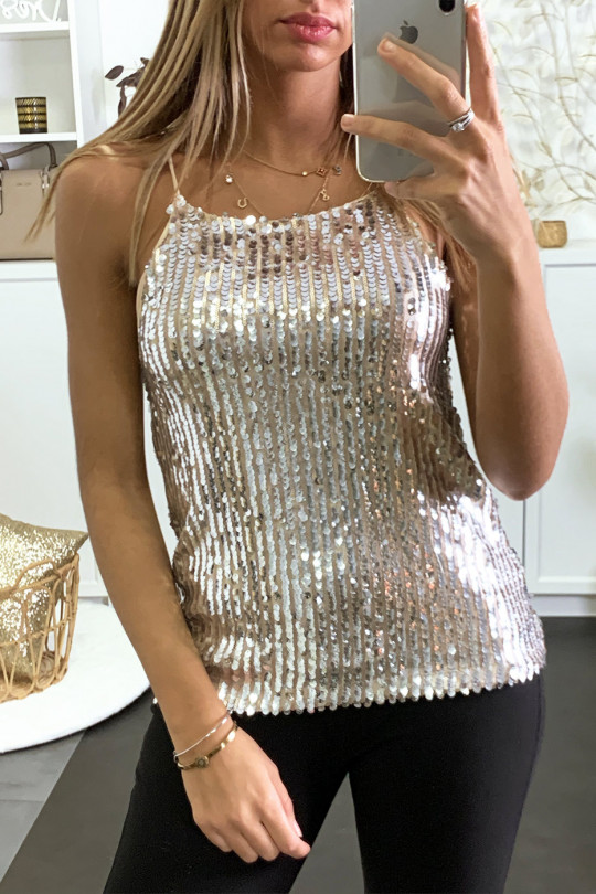 Lined and sequined beige tank top ideal for parties - 1