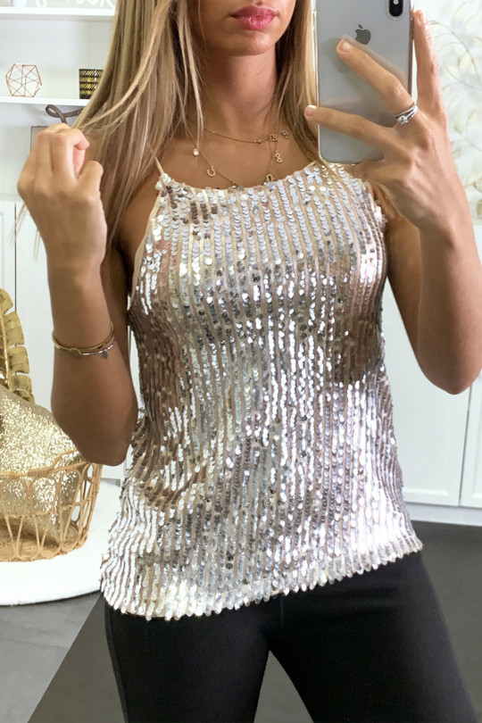 Lined and sequined beige tank top ideal for parties - 2