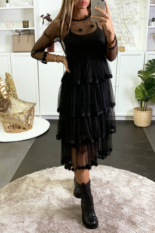 Longue robe en tulle noir brodé avec une robe à l'intérieure - 3