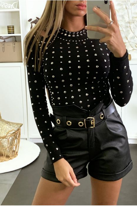 Body noir clouté avec ouverture aux épaules et sur les côtés - 1