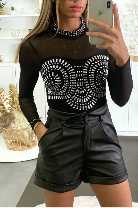 Mooie zwarte bodysuit met zilveren strass steentjes en fishnet op de buste en mouwen - 3