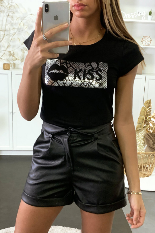 T-shirt noir avec dessin KISS en strass - 1