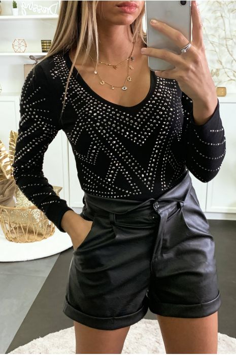 Top noir col V ornée de strass - 1