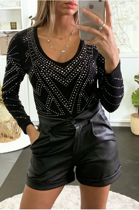 Top noir col V ornée de strass - 2