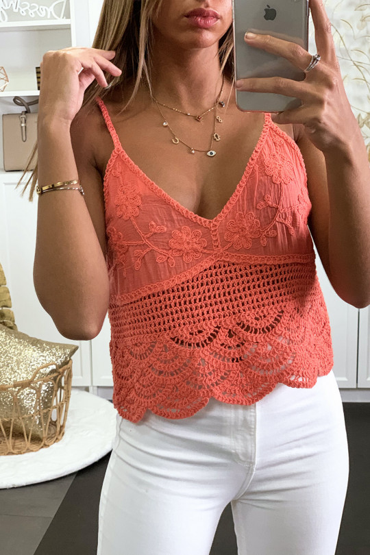 Coral cotton tank top with pretty embroidered lace pattern - 1
