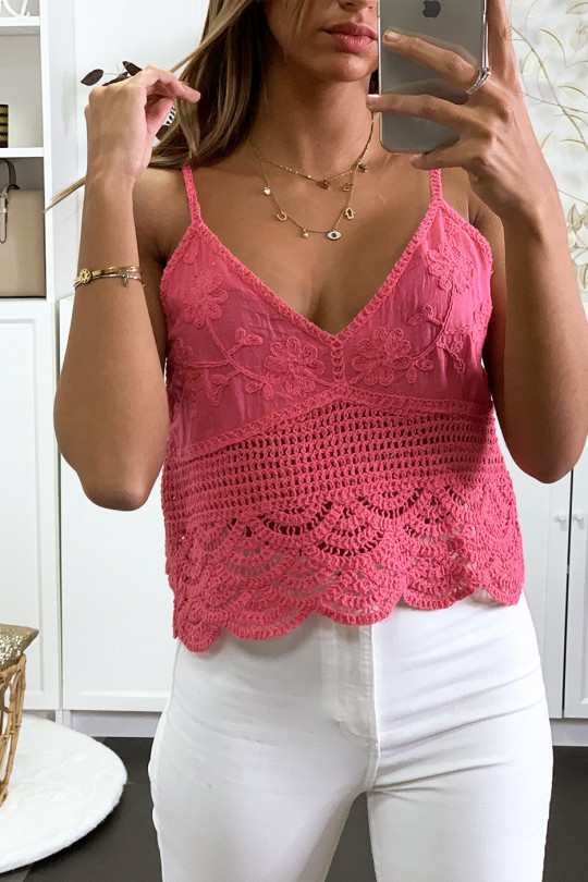 Fuchsia cotton tank top with pretty embroidered lace pattern - 1
