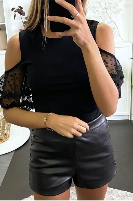 Top noir à épaules dénudées et manches dentelles - 3