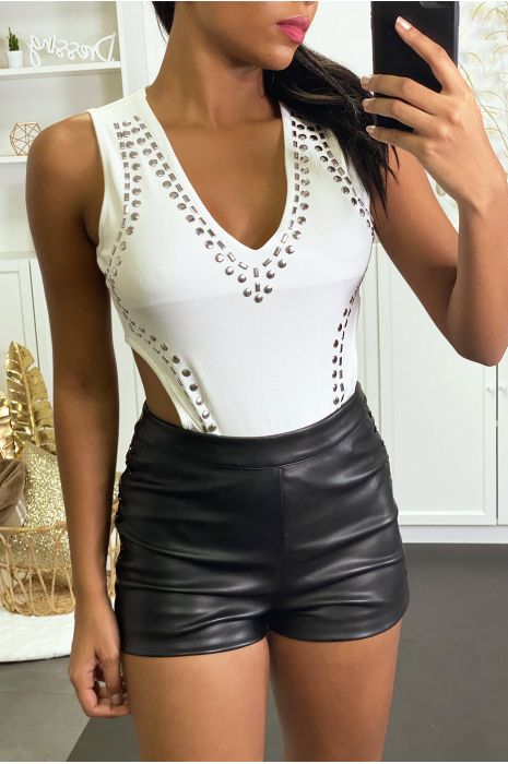 Body blanc avec ouverture sur les côtés et strass - 8