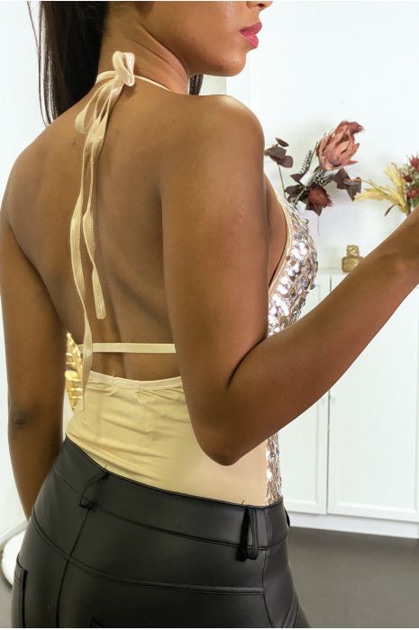 Body beige pailleté à l'avant avec attache au col - 3