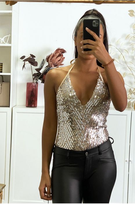 Body beige pailleté à l'avant avec attache au col - 5