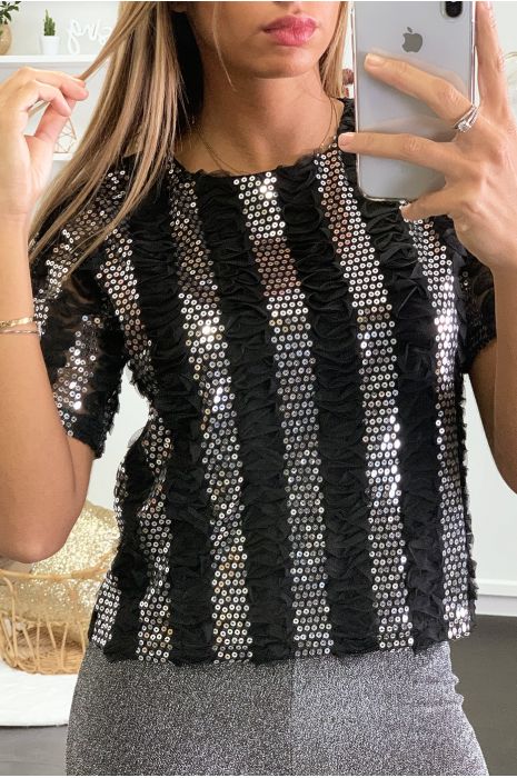 Haut noir avec paillette argenté et motif en résille - 2