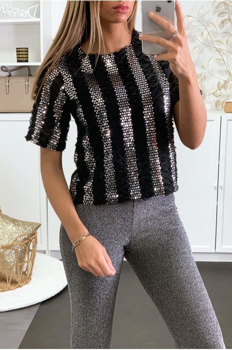 Haut noir avec paillette argenté et motif en résille - 3
