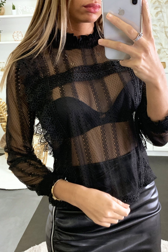 Black lace blouse with embroidered lace bands - 1