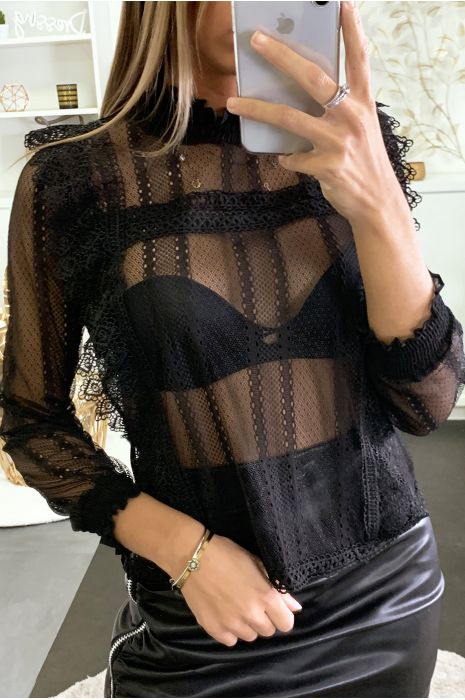 Blouse en dentelle noire avec bandes en dentelle brodé - 2