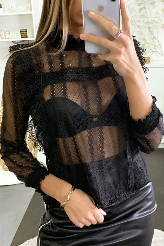 Black lace blouse with embroidered lace bands - 2