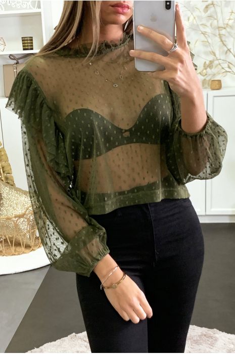 Blouse en tulle kaki avec volant aux épaules - 1