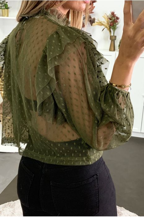 Blouse en tulle kaki avec volant aux épaules - 4