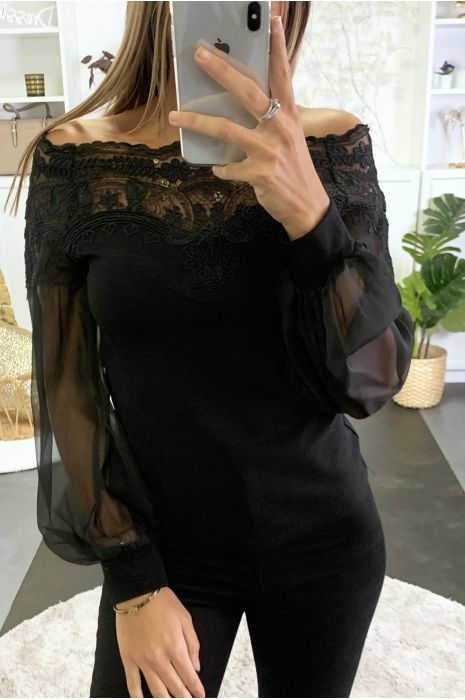 Top noir col bateau avec dentelle au buste et manche en voile - 3