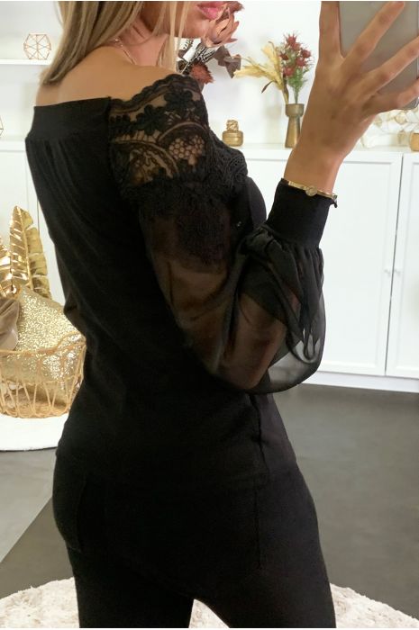 Top noir col bateau avec dentelle au buste et manche en voile - 4