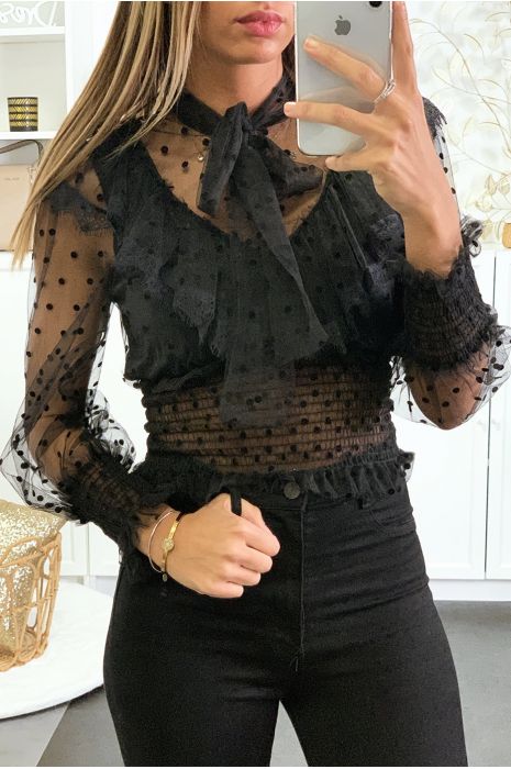 Top noir en tulle avec motif pois et volant doublé au buste - 1