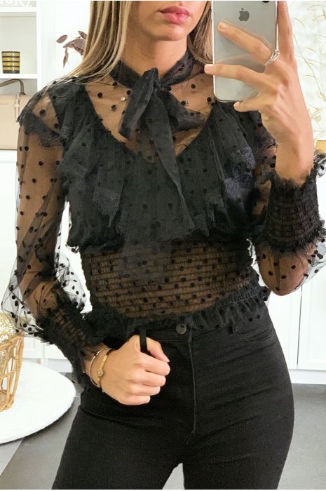 Top noir en tulle avec motif pois et volant doublé au buste - 2