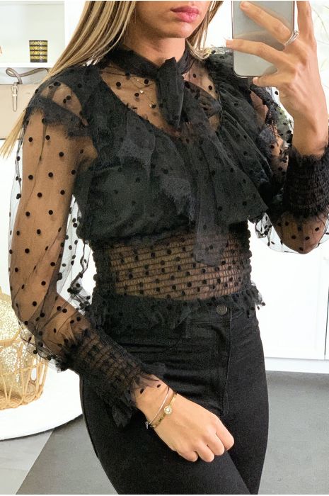 Top noir en tulle avec motif pois et volant doublé au buste - 3