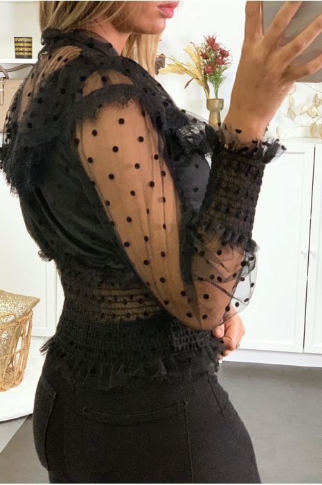 Top noir en tulle avec motif pois et volant doublé au buste - 4