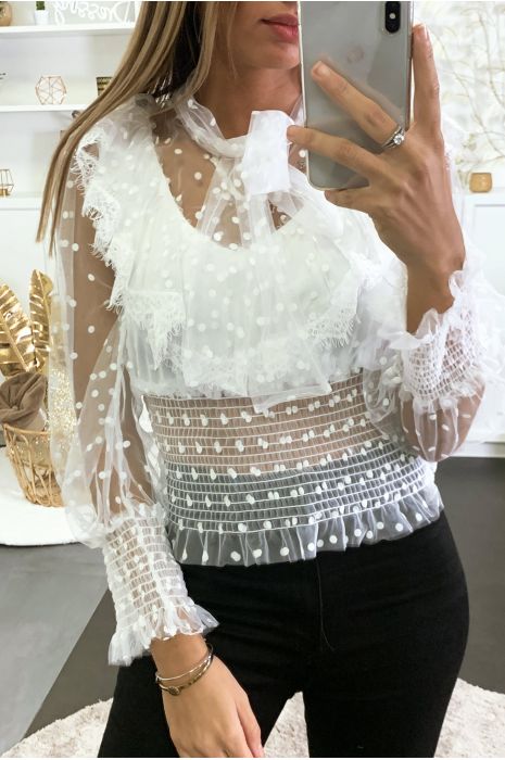 Top Blanc En Tulle Avec Motif Pois Et Volant Doubl Au Buste Mode 