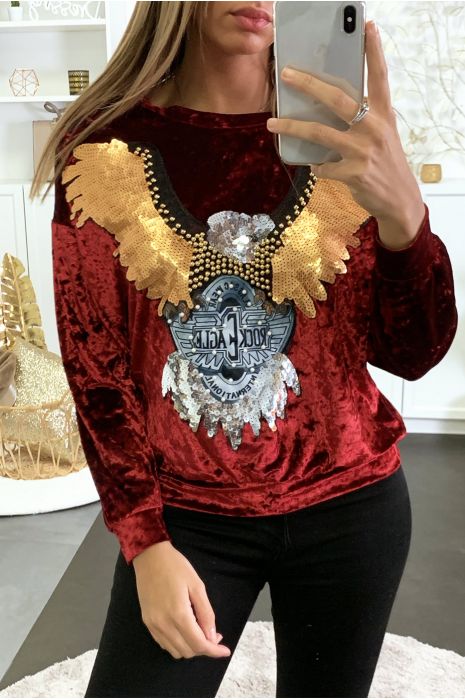 Sweat en velours bordeaux avec dessin en paillette et perle - 1