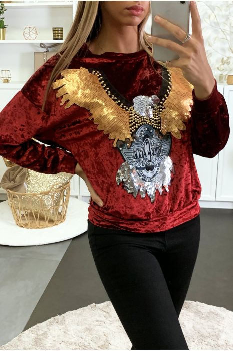 Bordeaux fluwelen sweatshirt met pailletten en parelmotieven - 2